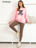 Aszmi Damen Komplett Set – rosa Oversize Sweatshirt mit Print und braune gerippte Leggings