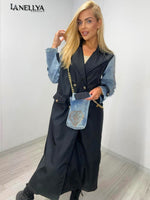 Damen Mantel Paparazzi schwarz mit Jeansdetails und Schultertasche