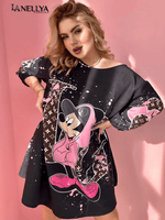 Lil Glam Damen Kleid schwarz – Oversize Shirtkleid mit Print in Pink