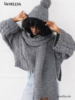 Miss City Damen Mütze und Schal Strickset Grau – Frontansicht