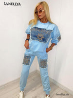 Paparazzi Damen Set in Hellblau mit Denim-Patches und Strass-Stern Details