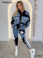 Paparazzi Damen Komplett Set – Jeans Jacke & Hose im Patchwork-Look