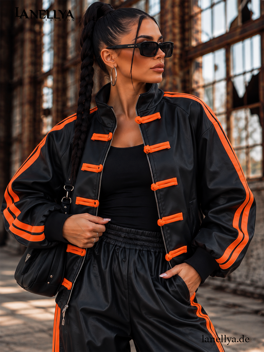 Gerber Fashion Damen Komplett Set Schwarz-Orange – 2-teiliger Lederlook Zweiteiler – Größe L