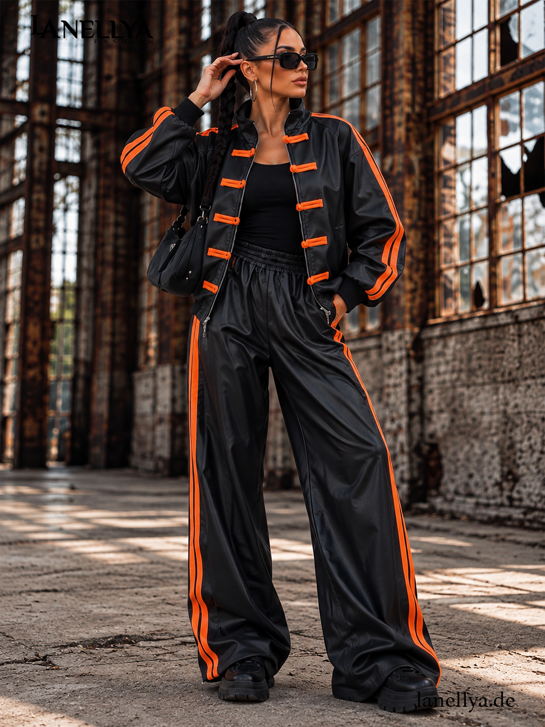 Gerber Fashion Damen Komplett Set Schwarz-Orange – 2-teiliger Lederlook Zweiteiler – Größe L
