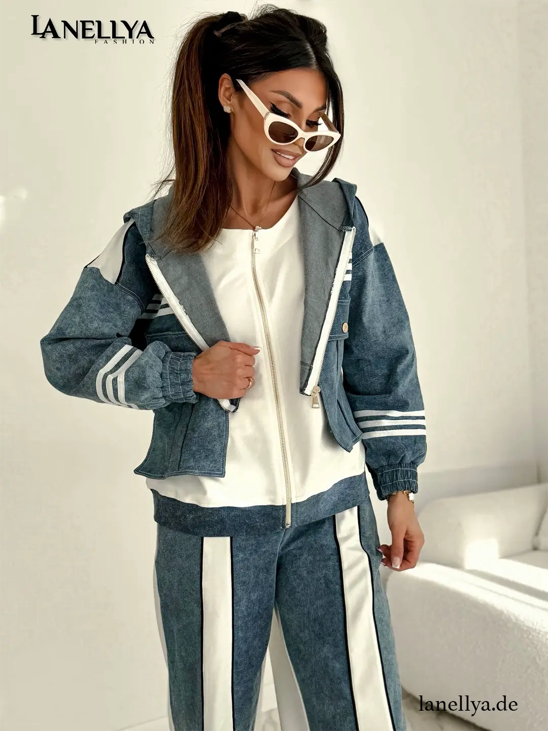 3-teiliges Damen Streetstyle Set Blau Weiss