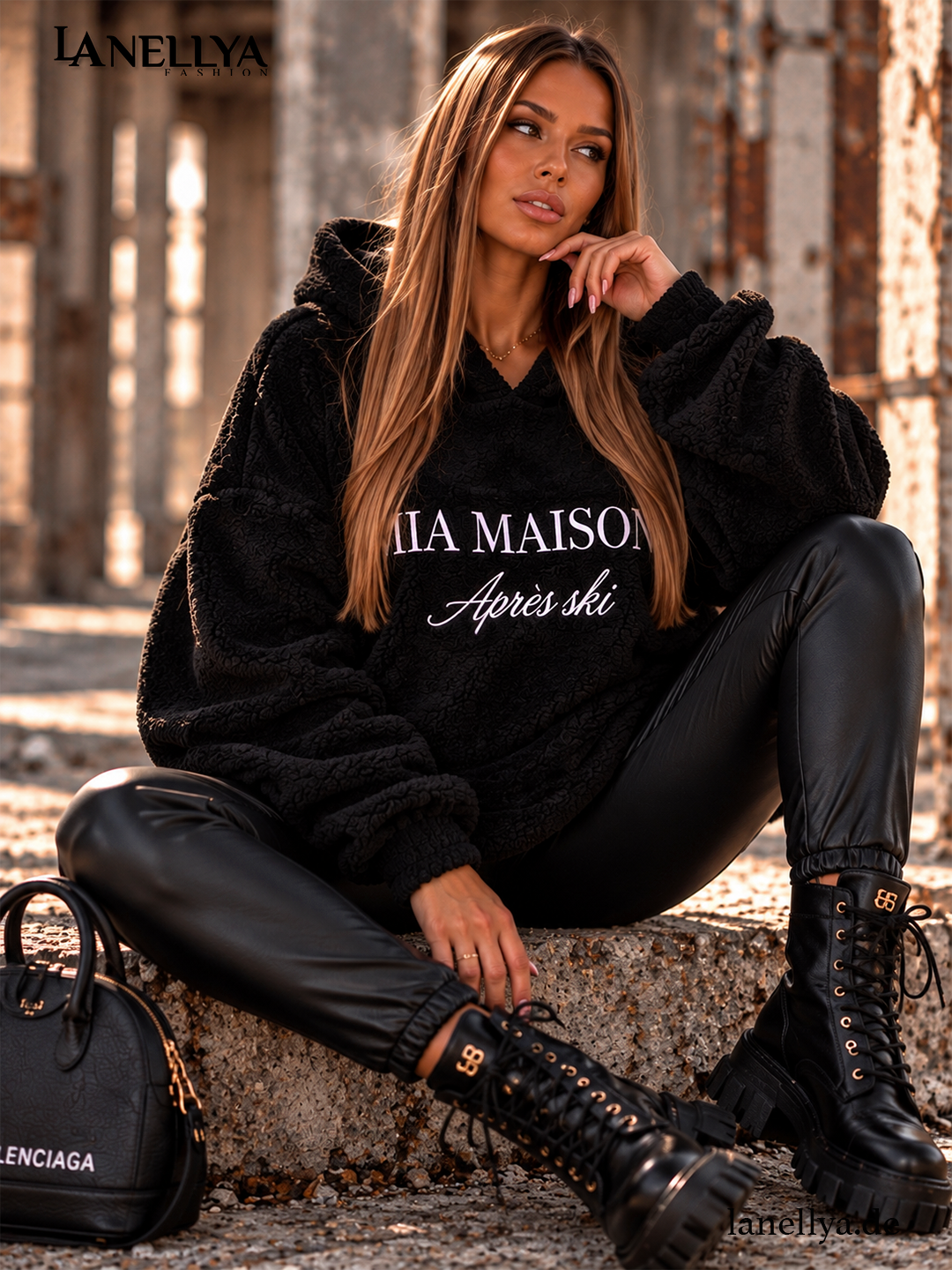 Mia Maison Damen Oversize Sweatshirt Schwarz mit Kapuze