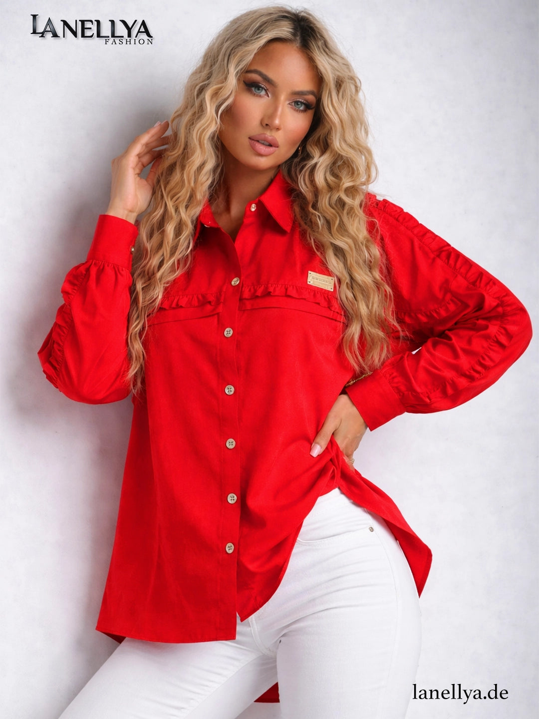 Rote Damen Longbluse mit Volants Agatha