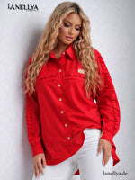 Agatha Damen Hemd Rot Longbluse mit Volants und Knopfleiste