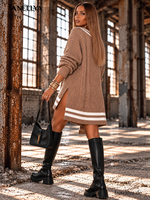 Angella Damen Strickpullover Mocca mit 72 cm langem Rückenteil, Zopfstrick und weißen Kontraststreifen