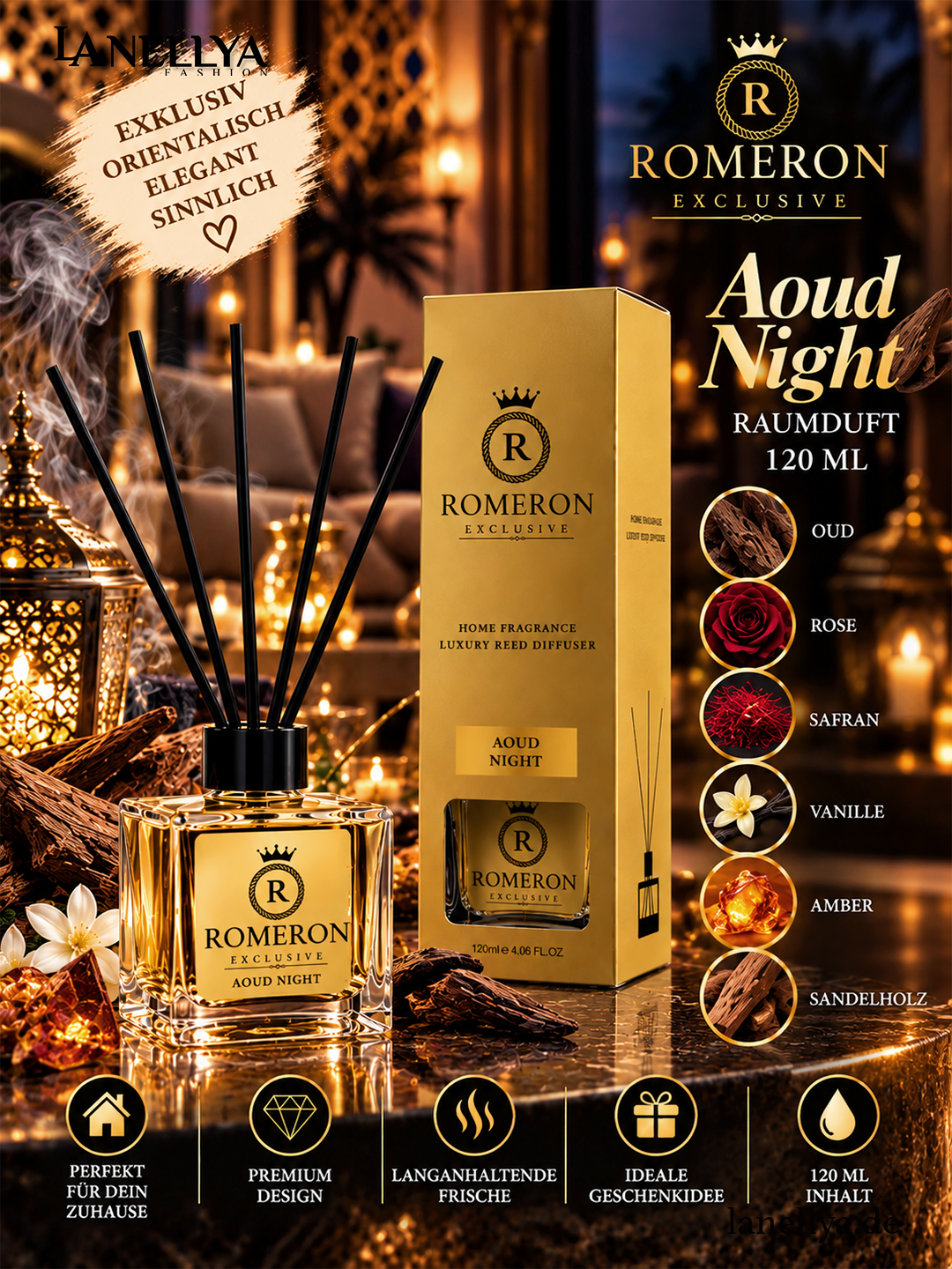 ROMERON Aoud Night Raumduft 120 ml – Luxury Reed Diffuser