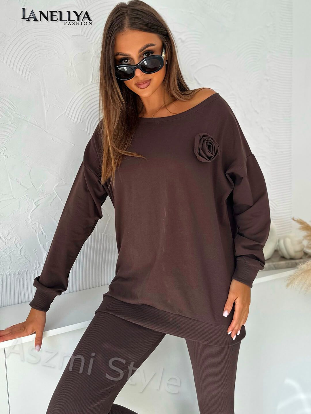 Aszmi Damen Komplett-Set braun – Zweiteiler mit Oversize Oberteil und Ripp-Hose