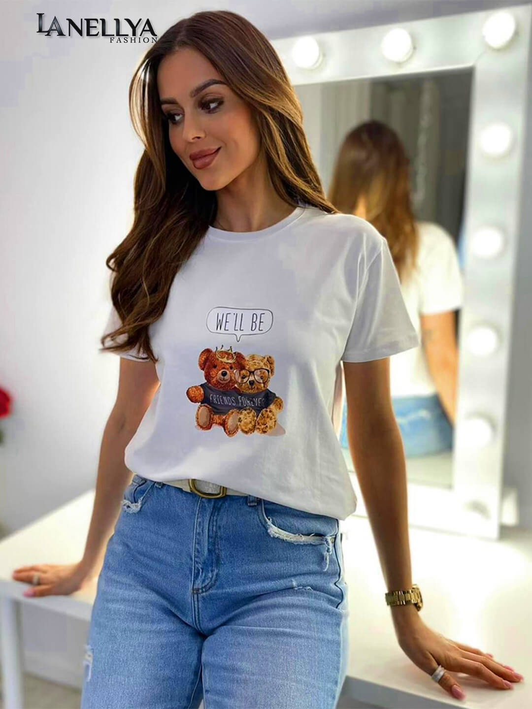 Aszmi Damen T Shirt Weiß mit Bär Print