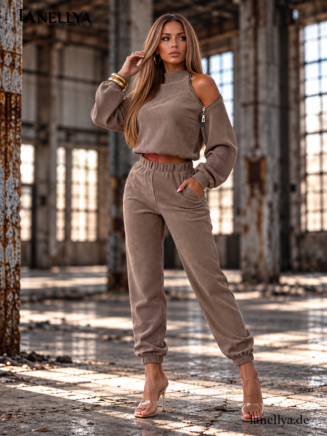 Basari Damen 2-teiliges Set Taupe mit Sweatshirt und Hose S–L