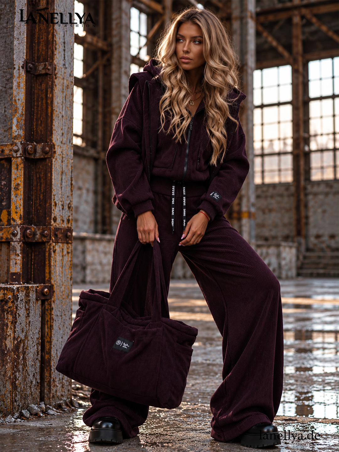 Basari Damen Holly Komplett Outfit in Aubergine mit weitem Hosenbein, elastischem Bund und abgestimmten Oberteilen