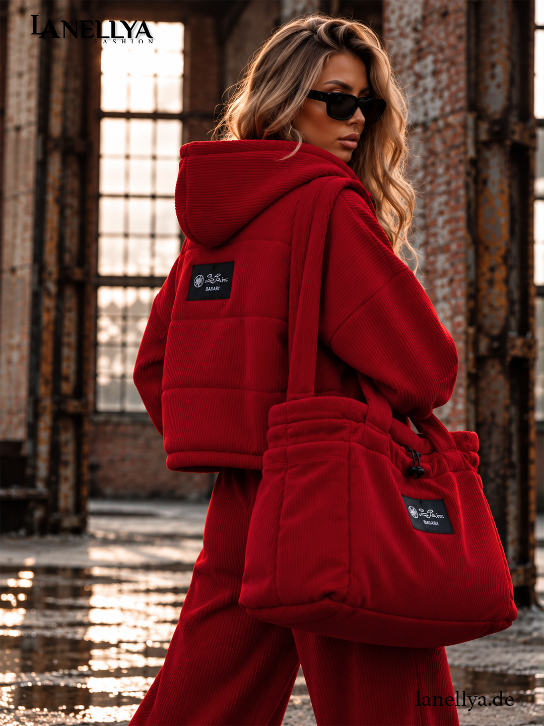 Basari Damen Holly Komplett Set Rot – dreiteiliger Casual Look mit Sweatshirt, passender Weste und langer weiter Hose
