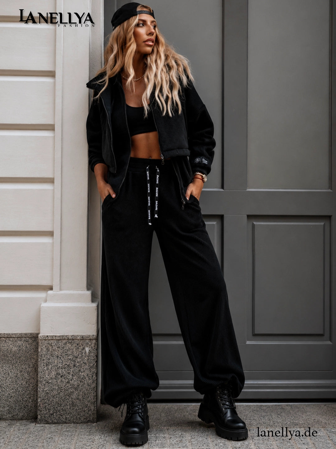 Basari Damen Komplett Set Schwarz aus Weste Zip-Sweatshirt und weiter Hose
