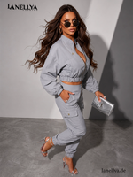 Basari Damen Set Grau mit Cropped Jacke und langer Hose Größe S–L