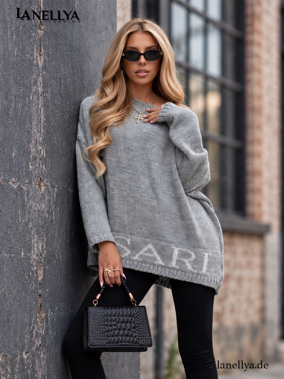 Basari Damen Strickpullover Grau mit weitem Oversize Schnitt