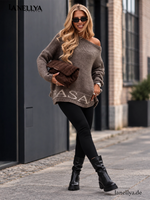 Basari Damen Strickpullover Taupe mit weitem Oversize Schnitt