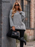 Basari Fashion Damen Pullover Grau lässiger Strick Look S bis XXL