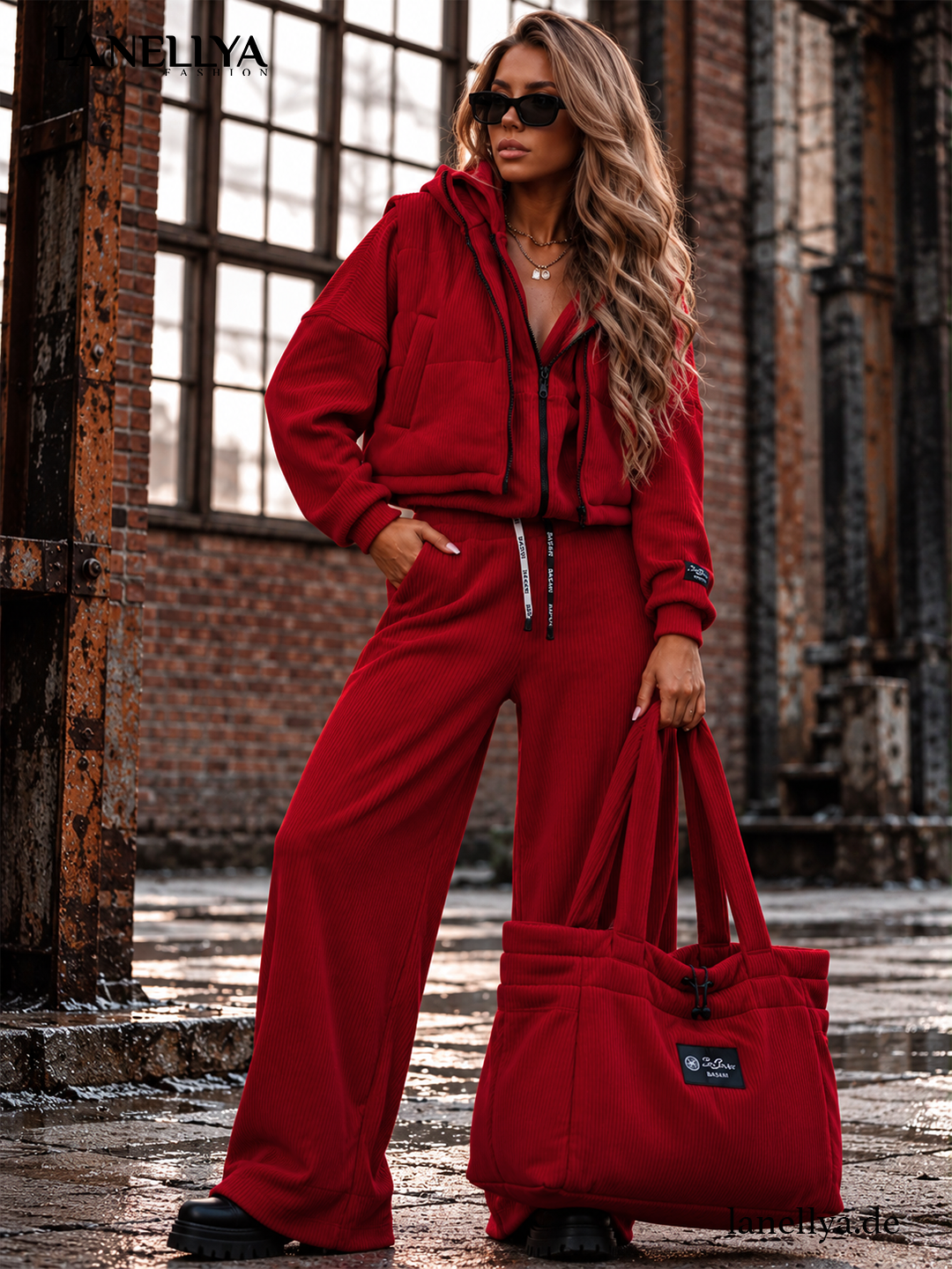Basari Holly Damen Outfit in kräftigem Rot mit Oversize Sweatshirt, Reißverschluss und bequemer Wide-Leg-Hose