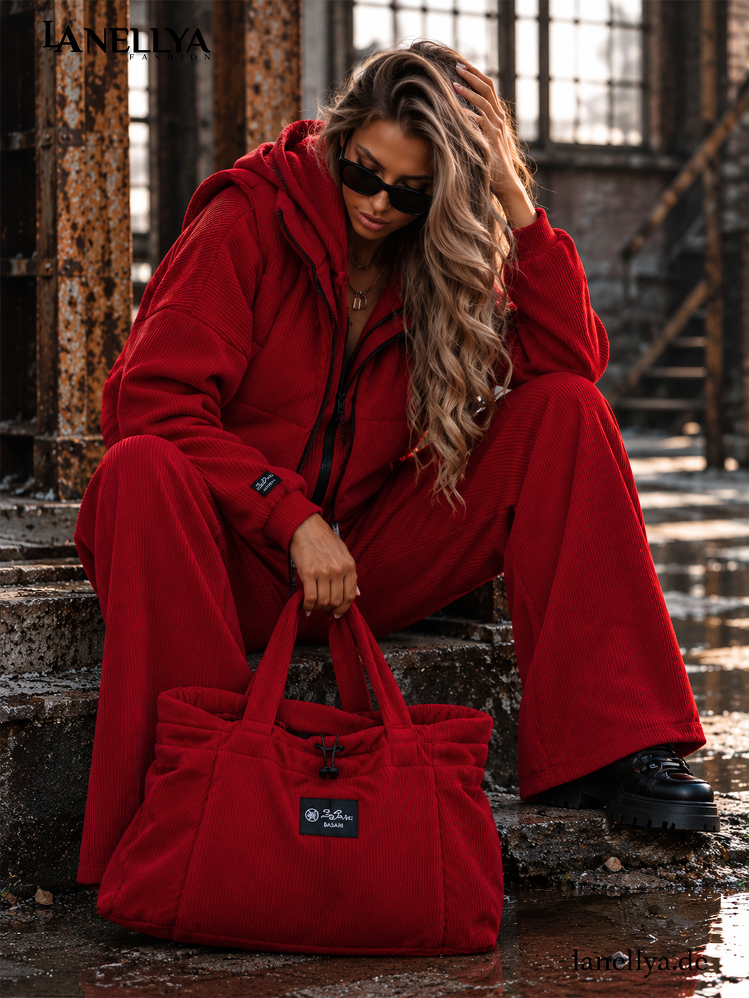 Basari Holly Komplett Set Rot – dreiteiliger Casual Look mit Sweatshirt, passender Weste und langer weiter Hose