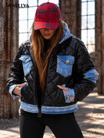 Bastet Damen Steppjacke Schwarz mit hellblauen Denim-Details, Kapuze und Brusttaschen – L–XL