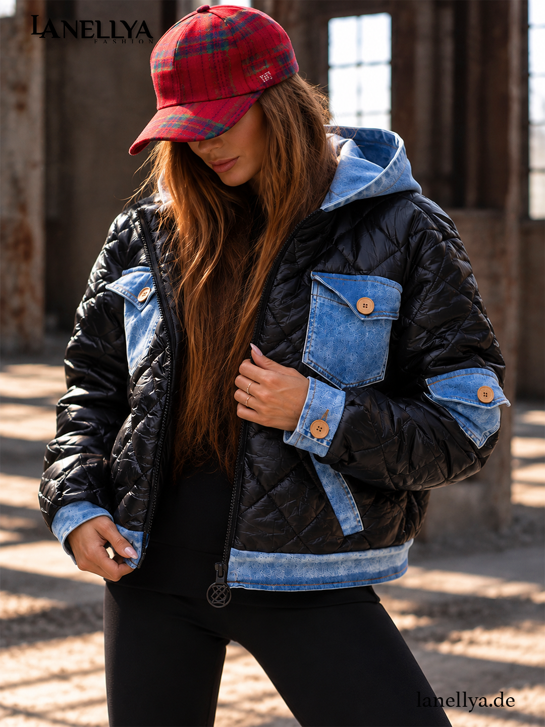 Bastet Damen Steppjacke mit hellblauen Denim-Brusttaschen, Ärmelklappe und dekorativen Knöpfen