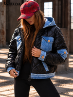 Bastet Damen Steppjacke mit hellblauen Denim-Brusttaschen, Ärmelklappe und dekorativen Knöpfen