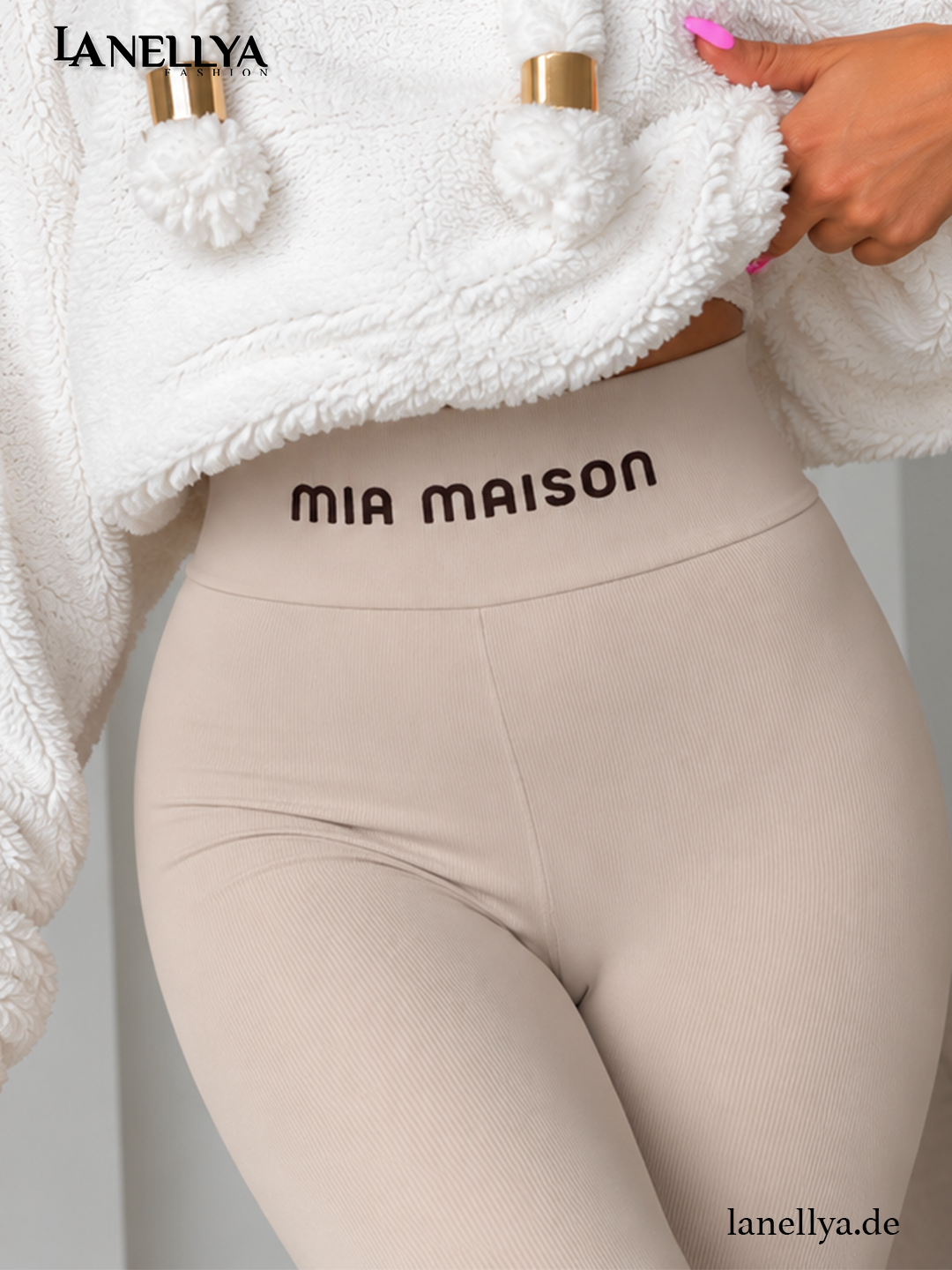 Beige Damen Leggings Mia Maison feine Rippstruktur mit Logo-Bund