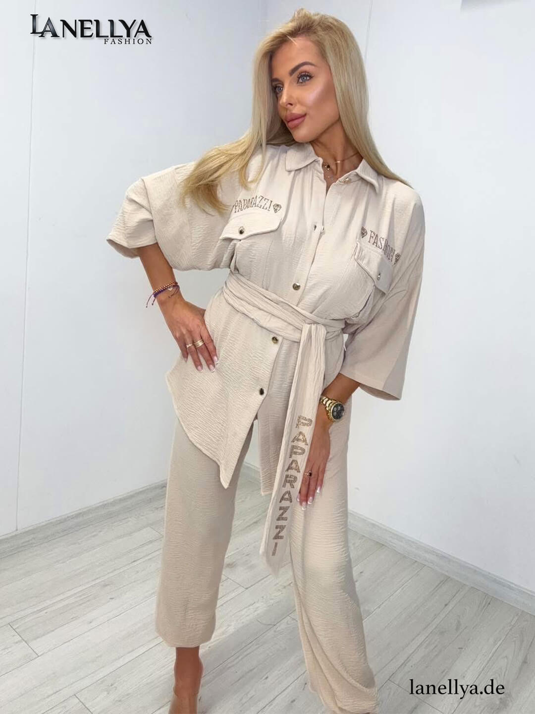 Beige Oversize Bluse im Set mit passender Hose