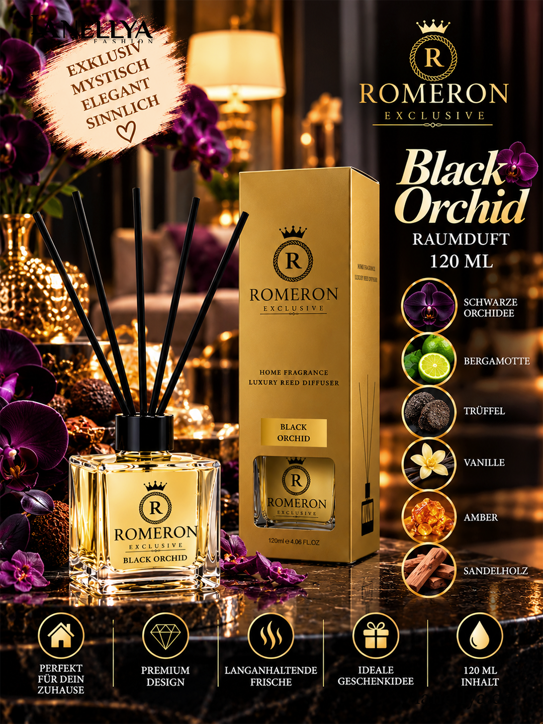 ROMERON Black Orchid Raumduft 120 ml – Luxury Reed Diffuser