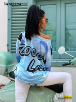 Blaues Damen Oversize Sweatshirt Zocco mit modernem Designer Print