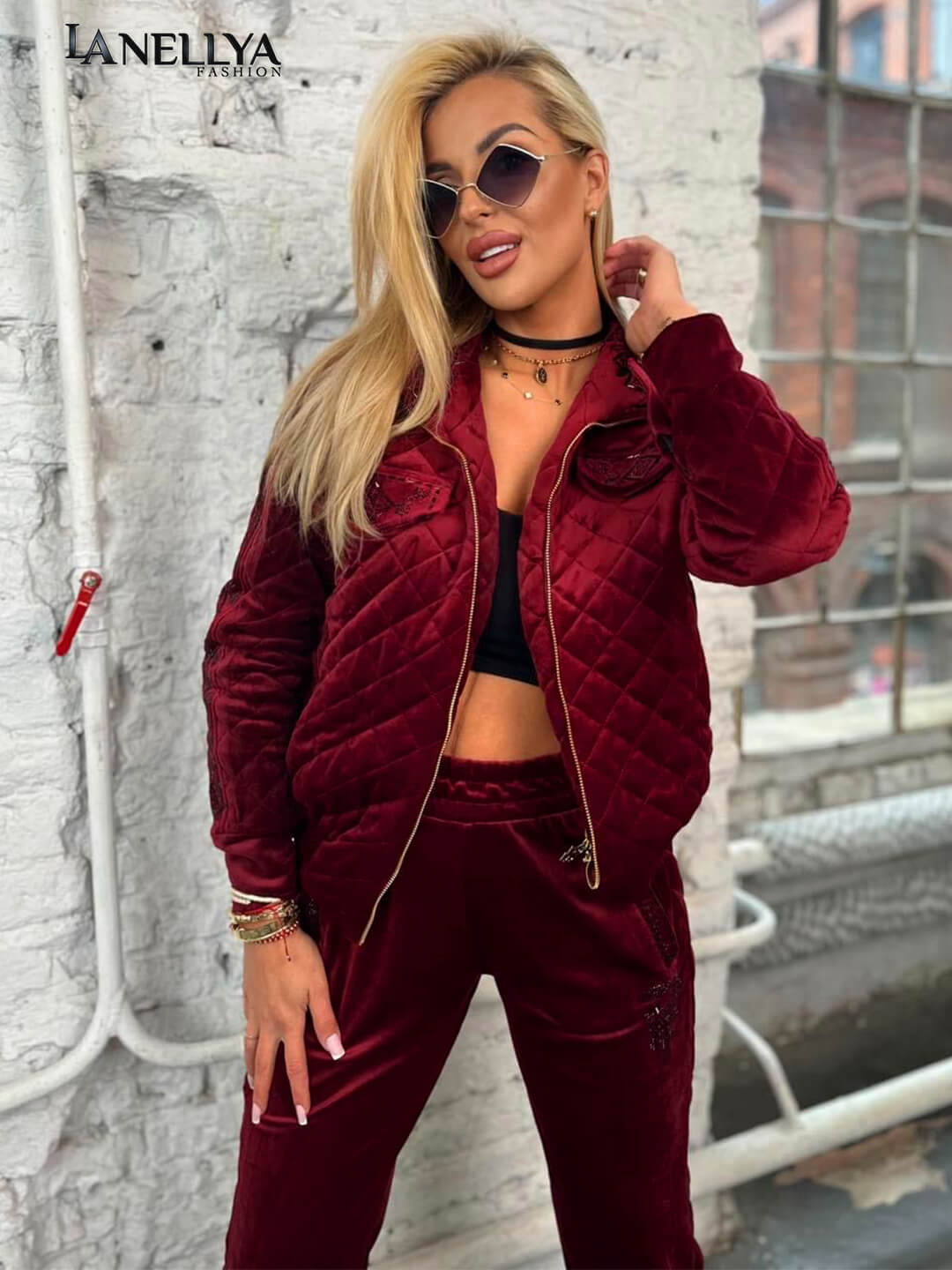 Bordeaux Damen Set mit Stepp-Details und bequemem Schnitt