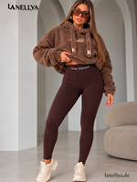 Braune Damen Leggings Mia Maison mit dezentem Rippmuster und Logo-Bund