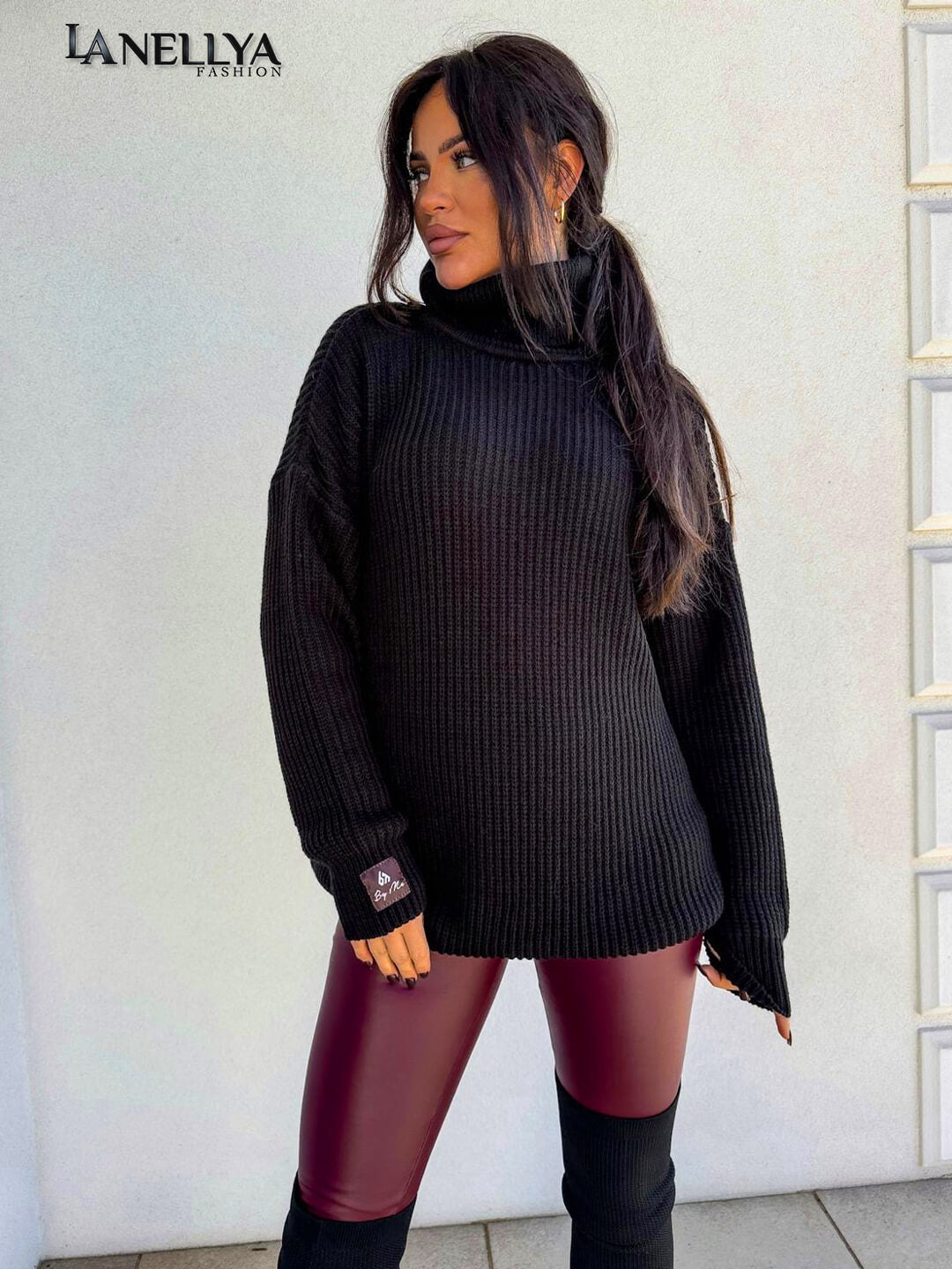 By Me Damen Rollkragenpullover Schwarz Oversize Winter