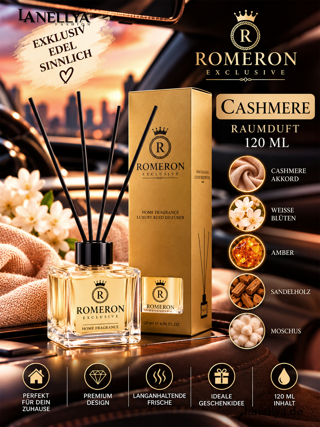 ROMERON Cashmere Raumduft 120 ml – Luxury Reed Diffuser