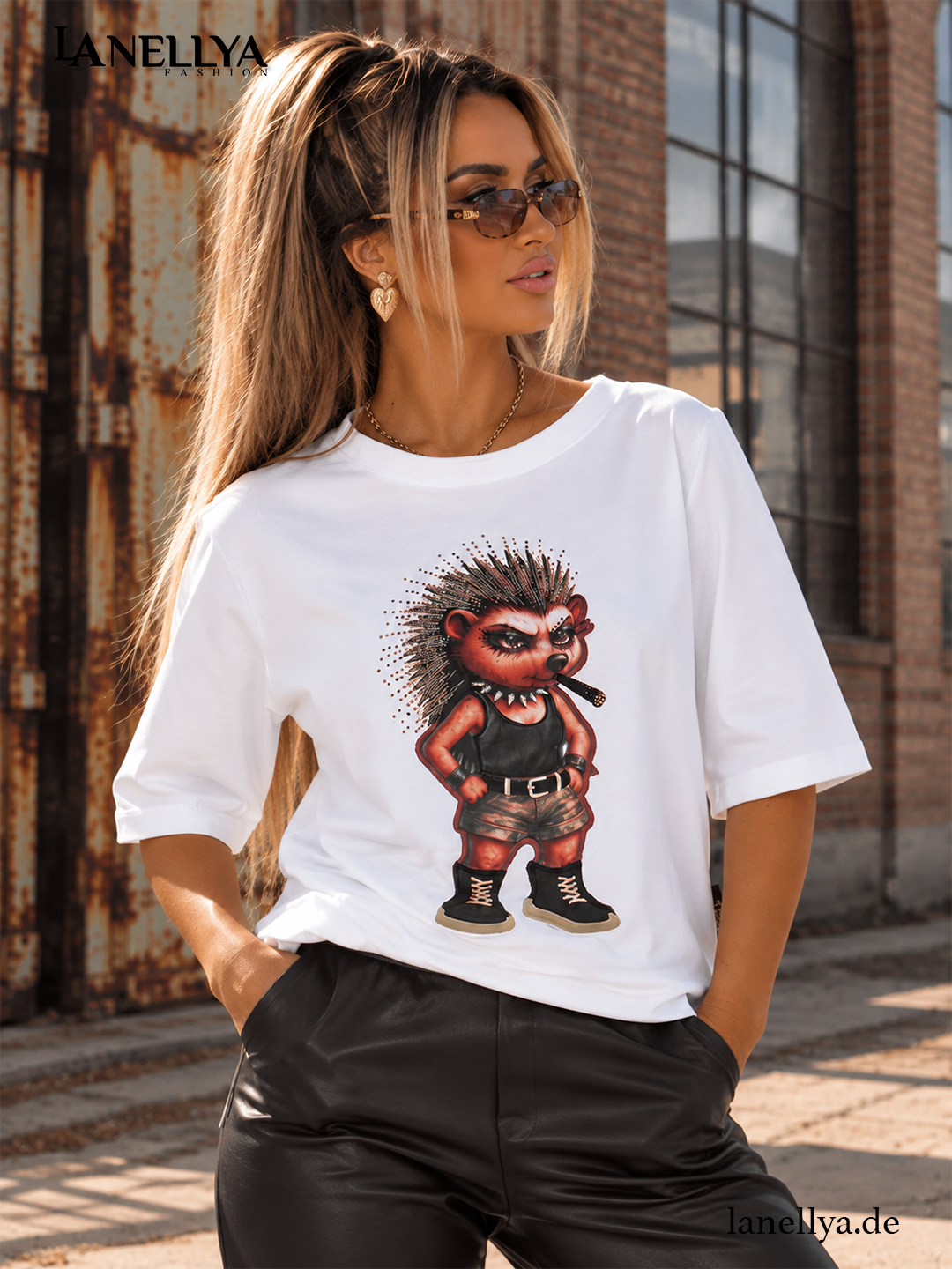 Cherry Black Damen T-Shirt Weiß mit großem Igel Print M–XL