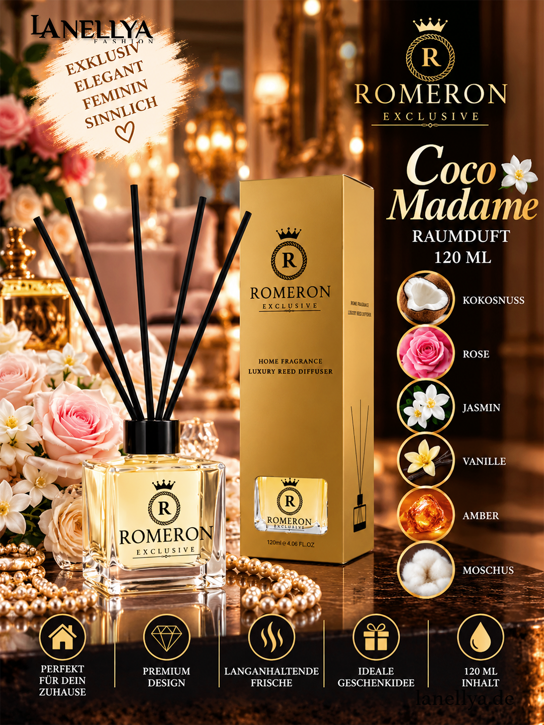 ROMERON Coco Madame Raumduft 120 ml – Luxury Reed Diffuser