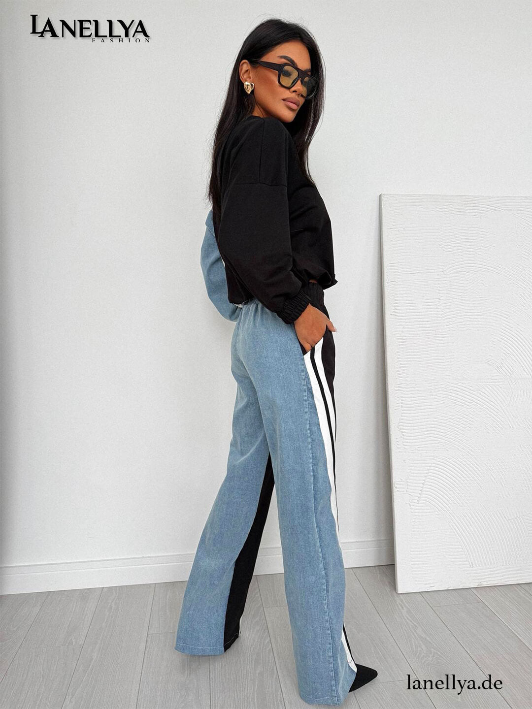 Cropped Sweatshirt und Hose Schwarz mit Denim Akzenten