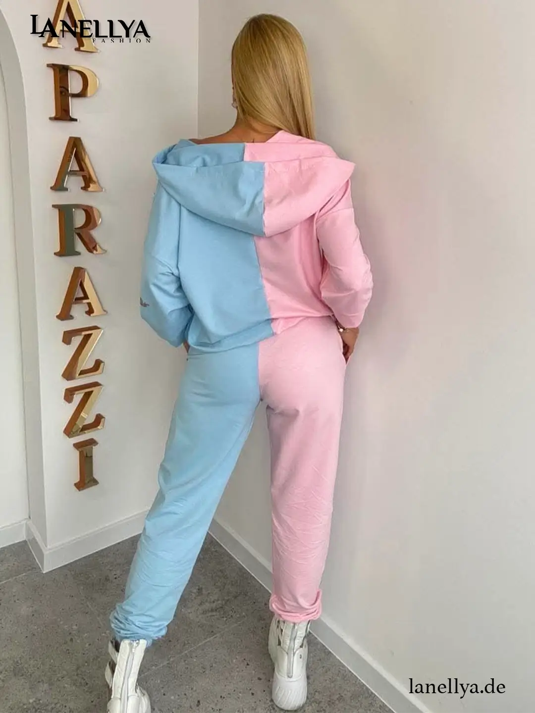 Damen Jogginganzug Rosa Blau Paparazzi Freizeitanzug Streetstyle