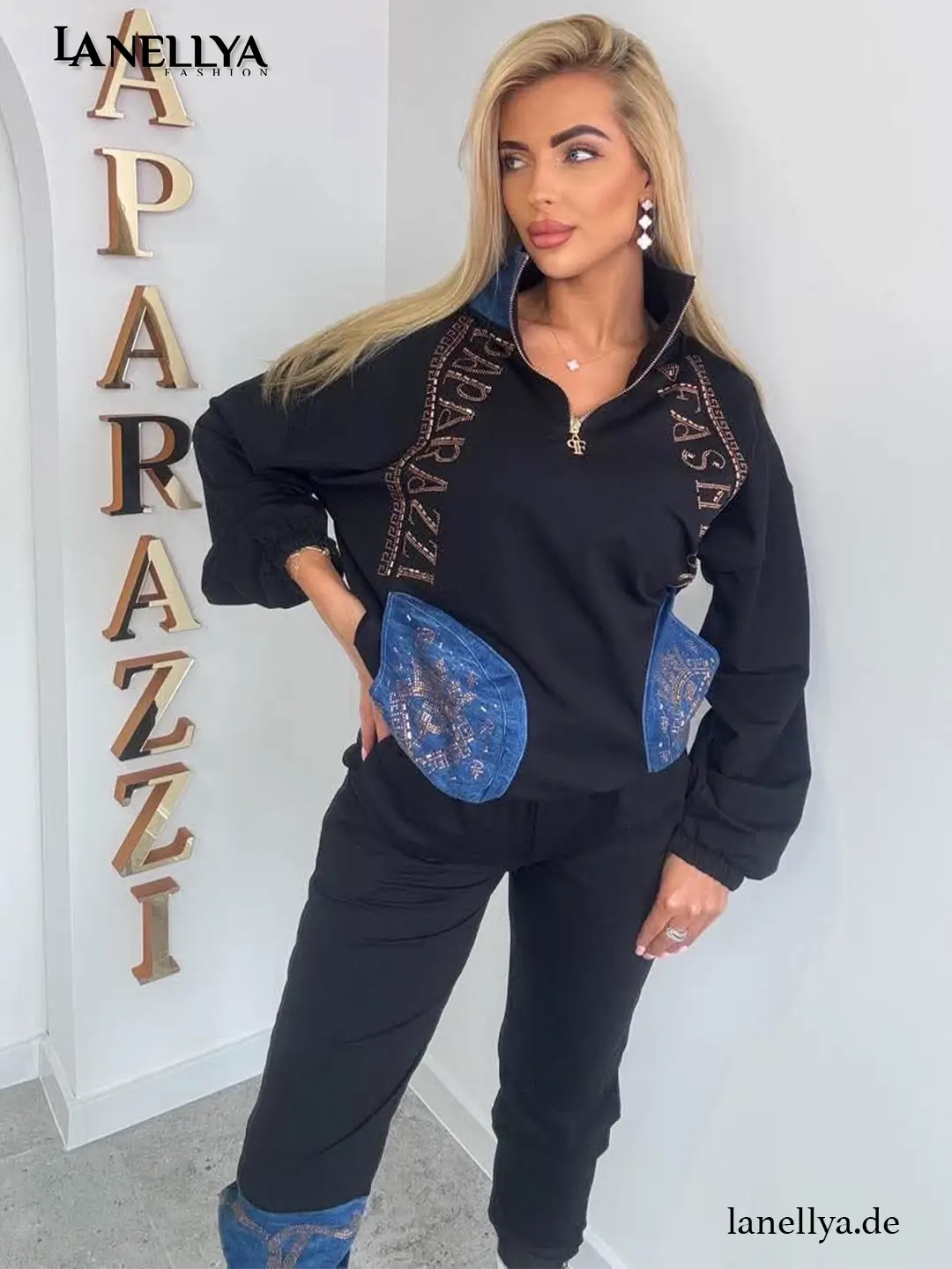 Damen Jogginganzug Schwarz Paparazzi Zweiteiler mit Jeans Details