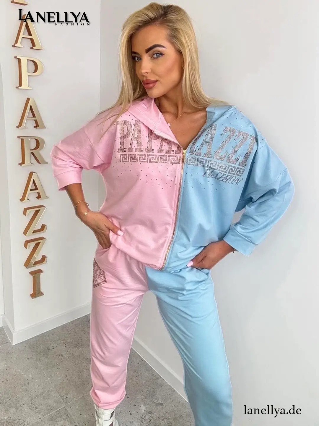 Damen Streetstyle Set Rosa Blau Paparazzi Sweatshirt Hose Outfit