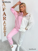Damen Streetstyle Set Rosa Weiß Paparazzi Sweatshirt Hose Outfit