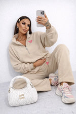 Beiger Damen Jogginganzug mit Reißverschluss Sweatshirt – Lanellya Fashion