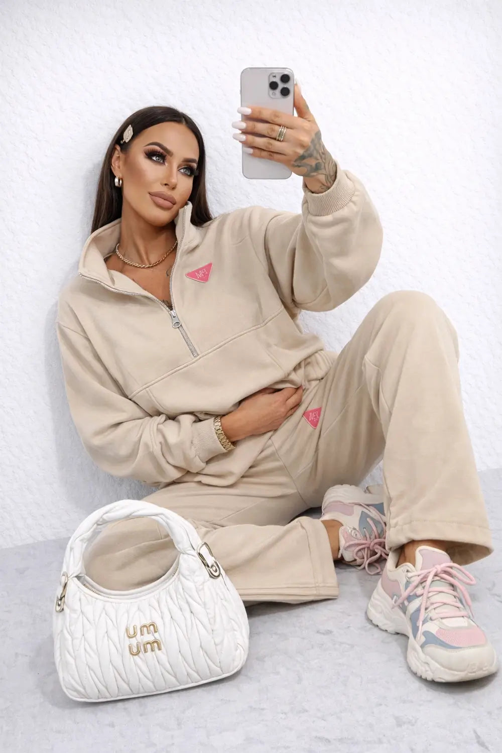 Beiger Damen Jogginganzug mit Reißverschluss Sweatshirt – Lanellya Fashion