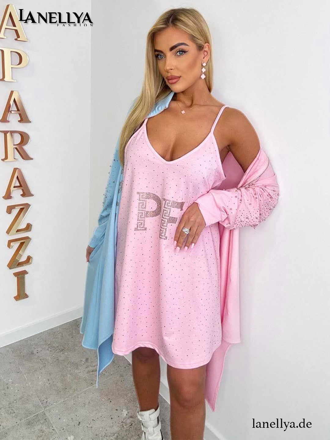 Damen Zweiteiler Paparazzi mit Kleid und langem Cardigan