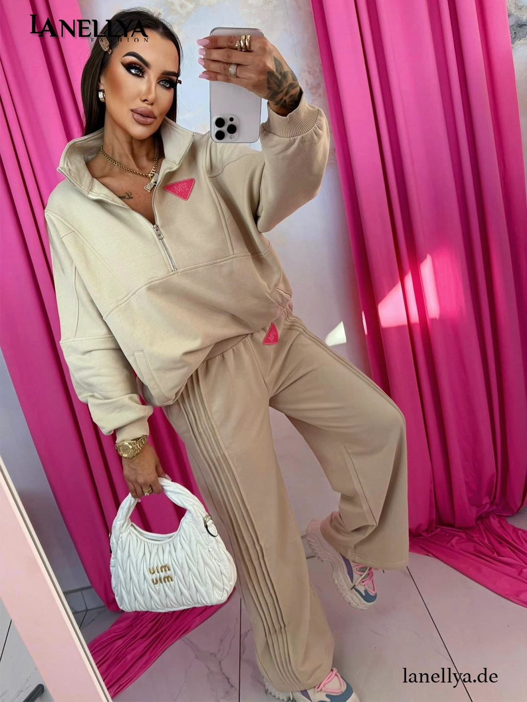 Pink Mania Damen Komplett Set Beige – Sweatshirt & Hose