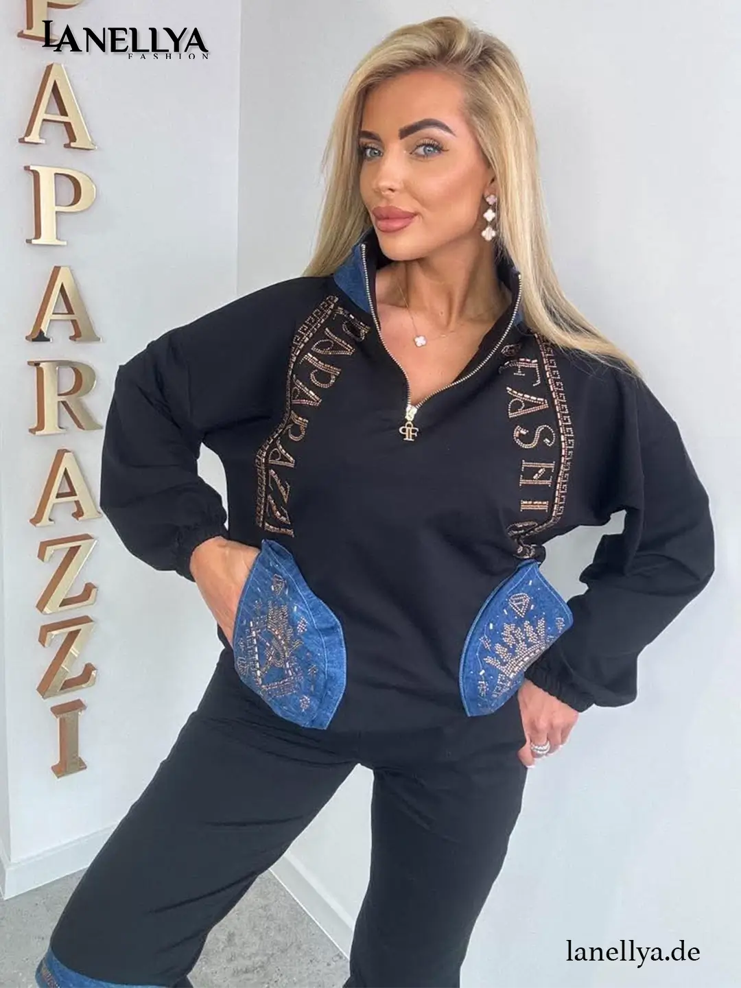 Damen Zweiteiler Streetstyle Schwarz Paparazzi Komplett Set modern