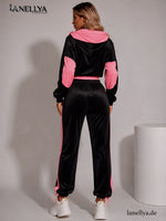Damen 3-teiliges Set Schwarz Pink mit elastischer Hose und Crop Top